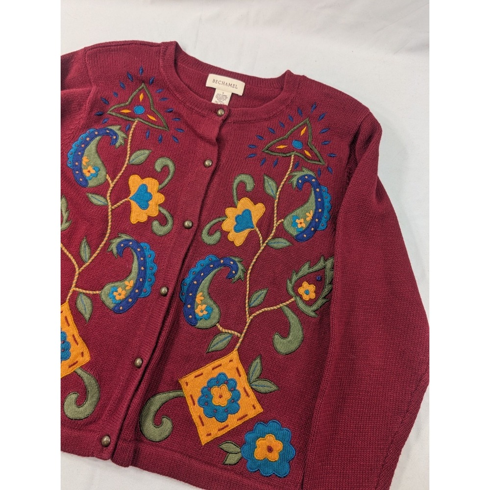 Bechamel Maroon Cotton Blend Cardigan Sweater Embroidered Shoulder Pads Small